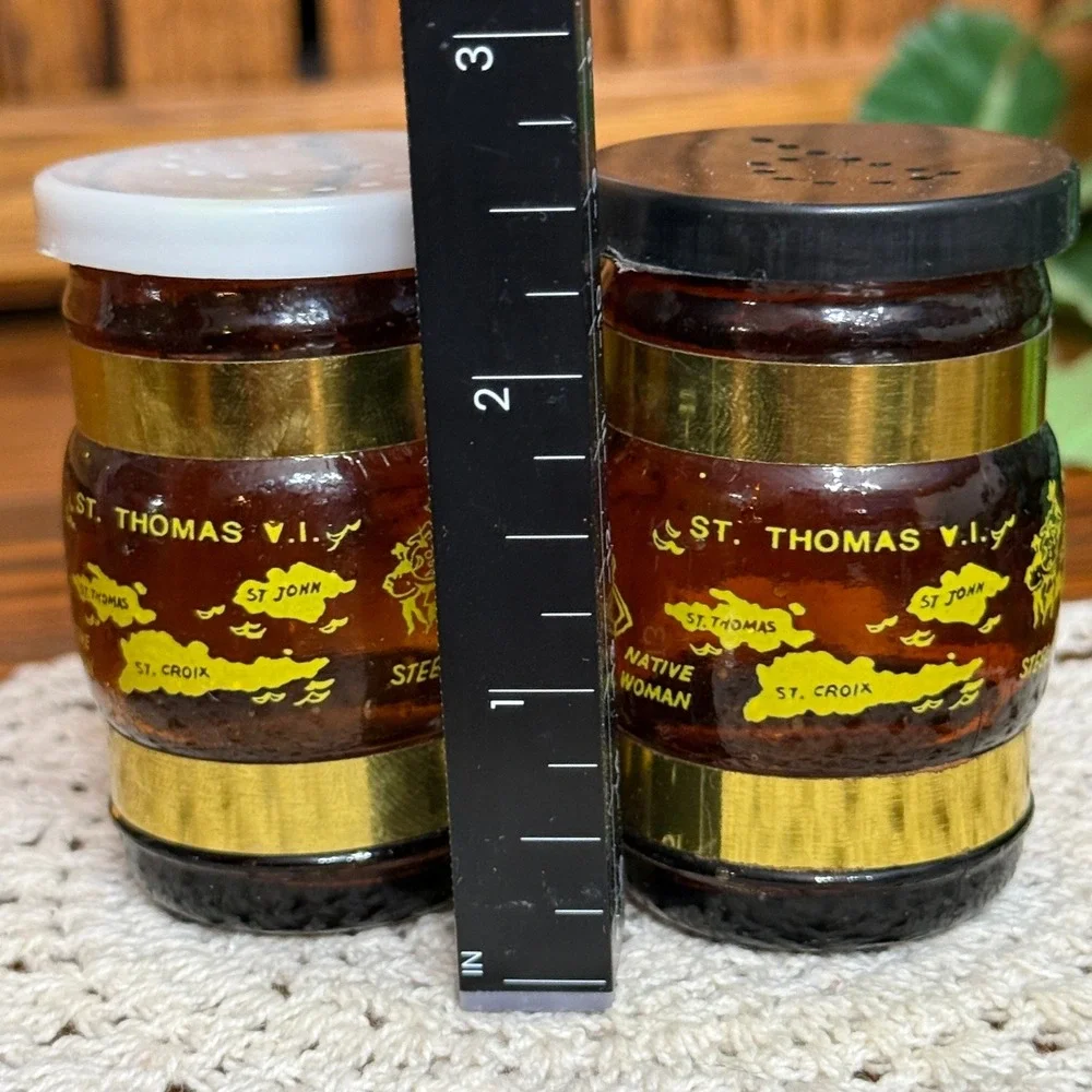 Vintage St Thomas VI Amber Glass Barrel Salt Pepper Shakers Set Brown Gold Small